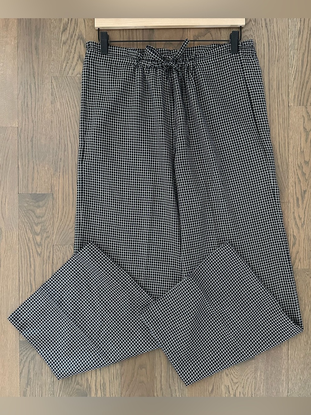 Vintage DKNY Jeans Drawstring Waist Straight Leg Gingham Silk Pant Black White S
